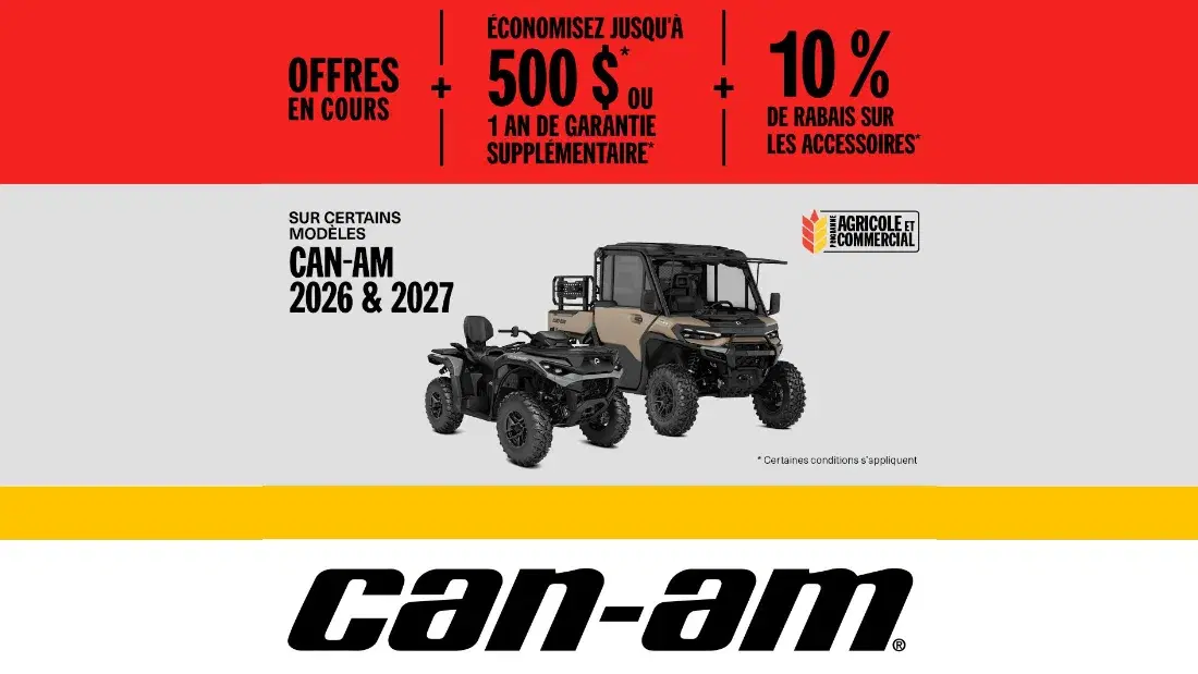 Programme agricole et commercial : économisez jusqu'à 500 $ ou obtenez 1 an de garantie supplémentaire sur certains modèles Can-Am 2026 et 2027
