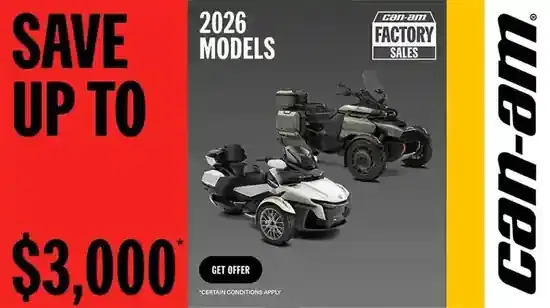 Get a rebate up to $3,000 on select MY26 Can-Am 3WVOffre valable du 1 août au 30 septembre.