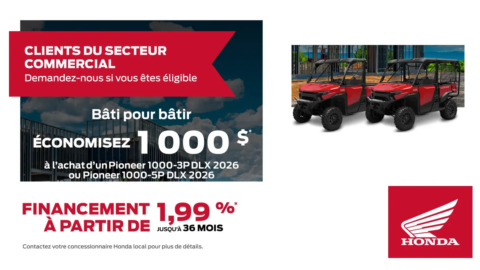 Programme commercial et agricole : économisez 1 000 $ sur un Pioneer 1000-3P ou 1000-5P DLX 2026
