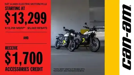 Get your new 2025 electric motorcycle starting at $13,299 and receive a $1,700 credit on accessories
